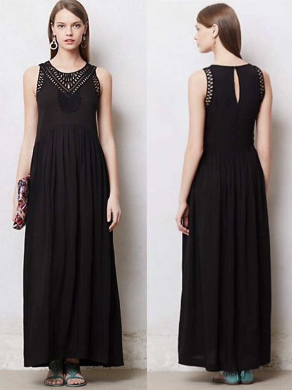 Anthropologie Mermaid Black Crochet Trim Macrame Maxi Dress